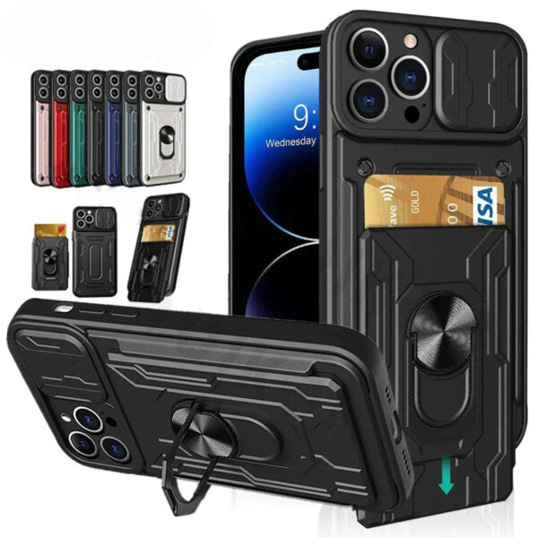 rugged camera protection hybrid card holder case for iphone 14 13 12 pro max with kickstand