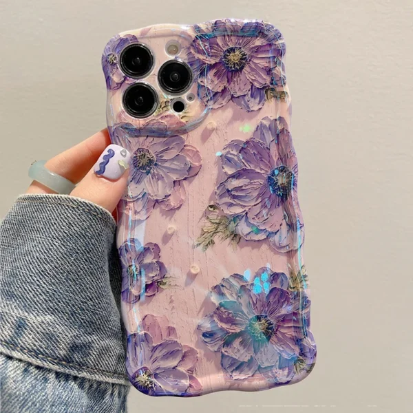 luxury art oil painting flowers laser blue light phone case for iphone 15 14 11 12 13 pro max fashion shockproof soft cover