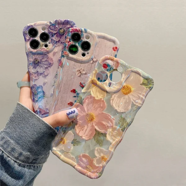 luxury art oil painting flowers laser blue light phone case for iphone 15 14 11 12 13 pro max fashion shockproof soft cover